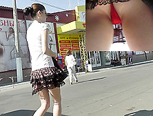 Public Upskirt View Presents Charming Red Panties