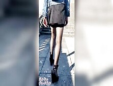 Flashing Outdoors Inside Mini Skirt And Nylon Tights