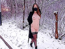 Exhibitionist Girl Flash Tits And Pussy In Fur Coat On Snowy Street