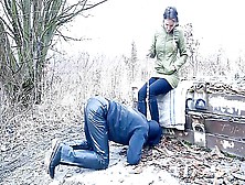 Walking The Doggy In The Cold - Boots Worship (Femdom Footdom Boots Licking Foot Slave On Leash)