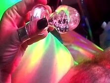 Older Uses Glass Glow Toy With Rainbows On Her Meaty Twat,  Anal And Oral