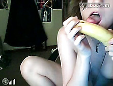 Blue Eyed Teen Licking And Sticking Banana