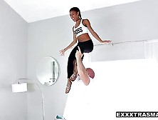 Flexible Ebony Teen Jumps On White Cock