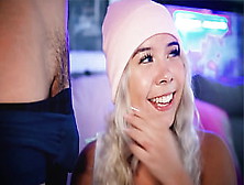 Horny Blonde Licks Her Cousin's Dong In Front Of Her Fans