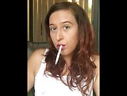 Hot Brunette In Sexy White Lace Smoking White Filter 100 Cigarette Dangling