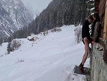 Lovers Hide To Fuck While Hiking In The Snow, Mountain Forest And Birdsong,  Romantic Intimate Love