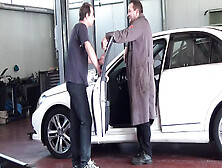 Couple Fucks At The Mechanic And The Owner Gives Him A Blowjob