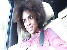 Curly Ebony Girl Welcomes White Dude's Rod In A Car After A Trip