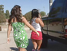 Brunette Lesbian In Miniskirt Smashing Her Babe Pussy Using Massive Strap On