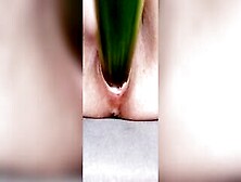 Ftm Masturbates Hairless Loud Twat With A Cucumber Close Up.