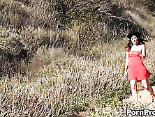 Cutie In A Red Dress Walks A Hiking Trail And Is Fondled By An Odd Stranger.