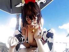 Doa Tsukushi In A Hot Cow Print Bikini Enjoying Perfect Riding Sex In The Cozy Beach Breeze With Sound