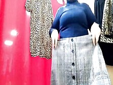 Curvy Lady With A Long Booty Tries On Clothes Into A Shopping Mall Fitting Room