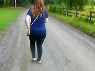 Creepshot On Gravel Road With Thick Red Head Pawg In Tight Pants