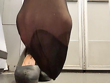 Air Hostess Black Pantyhose Feet In Galley