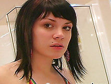 Hot Babe With Long Dark Hair Applying Makeup In Her Bathroom