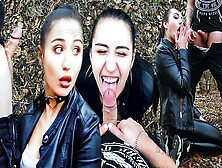 Outdoor Bj And Facefuck With A Enormous Cumshot For Ponytail Brunette In Leather Suite