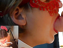 4K - Milf Slut Masked With Lipstick Gives Blowjob & Gets All The Cum On Her Tongue In Close Up