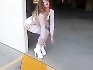 Sexy Schoolgirl In White Lingerie Walks Outside.