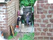 Two Indian Village Girls Are Caught Taking Bath In Outdoor