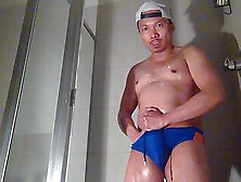 Oiled Up,  Wearing Speedos And Jerking Off