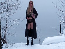Ravishing Blonde Milf Peeing In The Snow Standing In Boots On A Magic Blue Winter Day,  Pissing Bizarre