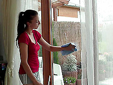 Window Washing Teen Would Much Rather Finger Her Pussy