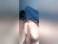 Girlfriend With Yellow Toe Nail Polish Giving Me An Interracial Footjob In The Dark
