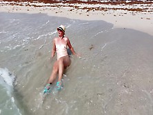 Nude Girl Public Beach.  Walking And Swimming.  Small Tits