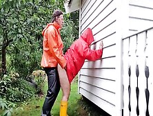 Fucking Fiance And Squirting On Her Boobies Into Rainwear And Pvc Boots