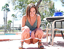 Amateur Brunette In A Miniskirt Zoe Strips Outdoors