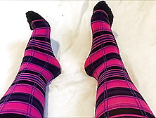 Sexy Teen Sock Tease In Pink And Black Knee High Socks - Cute Feet