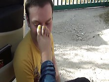 Cute Boy Worshiping My Sexy Feet With Yellow Toe Nails In Public