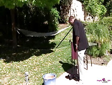 Before Jumping In The Pool He Uses The Thick Ebony To Satisfy His Black Manhood