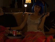 Blue-Haired Bitch With Shaggy Snatch Seduces Inked Guy To Sex During Film Watching