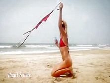 Hot Blonde Oiling Her Slender Body And Showing Off Cunt On The Beach - Angel Fowler