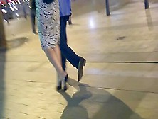 Wonderful Amateur Woman In Sophisticated Dress Wearing High Heel Candid Mules Down Town