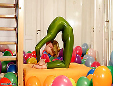 Flexy Wondrous Green Rubber Catsuit Blonde Nude Feet & Bendy Positions