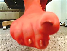Dirty Slut Shows Her Hot Feet With Red Nail Polish In Sexy Nylon Stockings
