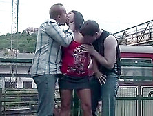 Threesome Sex Outdoor With Brunette And Two Guys In Germany
