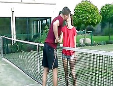 Tera Link And Ricky Rascal Get Their Morning Workout By Having Fun Tennis Together.  Once Their Game Is Concluded,  They Shake