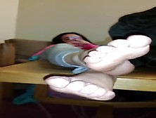 Amateur Girl Gets Filmed With Her Lovely Feet On The Char While Texting On The Phone