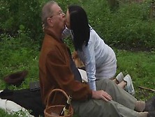 Outdoor Scene: Sexy Nympho Satisfied Old Man In The Forest