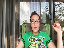Sexy Nerdy Brunette Girl Smoking Outside In Glasses With Hair Up Tmnt Shirt