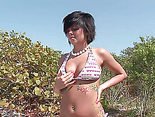 Tattooed Amateur Brunette Wearing A Bikini Flashes Her Cunt And Tits