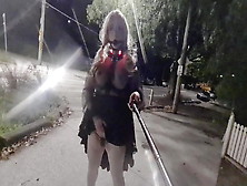Slut In Transparent Clothing Ball Gag And Led Dog Collar Caught In Public