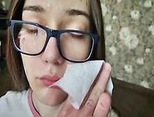 After Blowjob,  I Wiped Her Face And Glasses With A Tissue