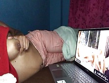 Woman Watching Lezbo Porn,  Moan Cums! Hairy Twat Masturbates
