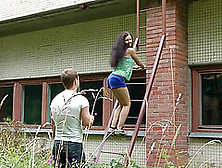 Teen Brunette Angel Dickens Climbs On The Roof To Fuck With Her Man