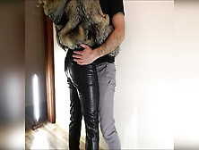 Attractive Passionate Standing Fuck In Clothes,  Fur Coat,  Leather Legging,  Leather High Heels